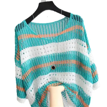 Жена пуловер от тънко плетиво 2023 Пролет Лято Шарени Кухи вязаный пуловер, Жилетка Върховете Солнцезащитная дрехи Дамски