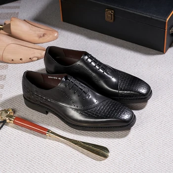 Мъжки oxfords от естествена кожа, модерен мъжки модел обувки за сватбеното парти с остри пръсти, луксозни oxfords за работа в офис дантела