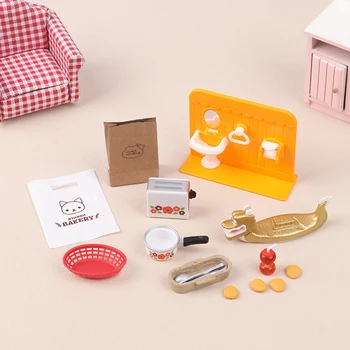 1 бр. мини-хлебопечка за куклена къща, кухненски нож за хранене, кофа за боклук, кухненски комплект с вагон-ресторант