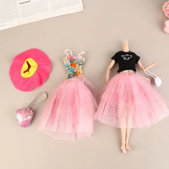 1 комплект Модерен рокли за кукли от розова Прежда, Рокля на Принцеса, Подарочное рокля за момичета, Чанта, Шапка