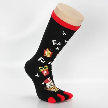 1 Чифт Коледни Чорапи С Пръсти, Коледни Чорапи, Дълги Чорапи С Пет пръста, Чорапи С Принтом Сови (Черни) - Свободна площ за