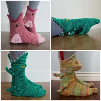 1 чифт Трикотажни Чорапи-Хамелеони От Крокодилска Кожа, Смешни Коледни Чорапи От Крокодилска Кожа, е Фантазия Плетене, Сладки Чорапи-Рибки, Зимни Чорапи С Животни-Акули