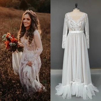 10371 # Реални снимки Лесно преносимо сватбена рокля трапецовидна форма с V-образно деколте и с влак, Лейси илюзия, сватбена рокля с перли на гърба