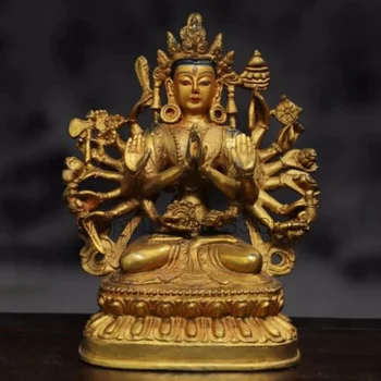 18 Китайски Стара тибетски Бронз с позлатени 1000 Вид с ръце Бронзова статуя на Буда, Ин Авалокитешвары