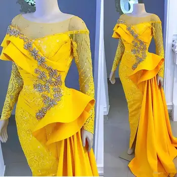 2022 Жълти Вечерни рокли с Дантелени апликации От мъниста И кристали русалка Рокля за абитуриентски бал С дълъг ръкав, Рокли за гости, официални партита
