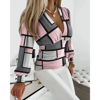 2023 Дамска блуза с геометричен принтом и дълбоко деколте с дълъг ръкав, дамски пролетно ежедневна блуза с V-образно деколте и пайети, Офис работно облекло
