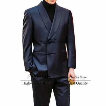 2023 Нови модни мъжки блейзери за бала, тъмно синьо смокинги за младоженеца, комплекти от 2 теми, мъжки костюми, приталенная шал с ревери, Terno Masculino