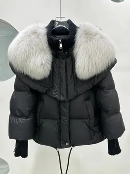 2023 Нови яке с яка от естествен лисьего кожа, за жени, есенно-зимно палто на утином топола, луксозно свободно женско модно палто Паркър, High Street