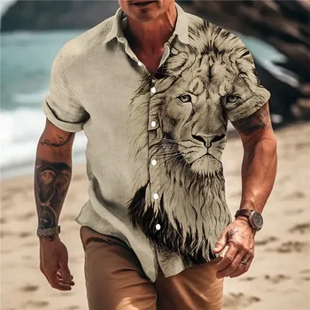 2024 Благородна Хавайски Мъжка Риза С 3D Животно Принтом, Мъжки Однобортная Тениска С Ревери И Къс Ръкав, Блузи, Дишаща Топ 5xl, Лято