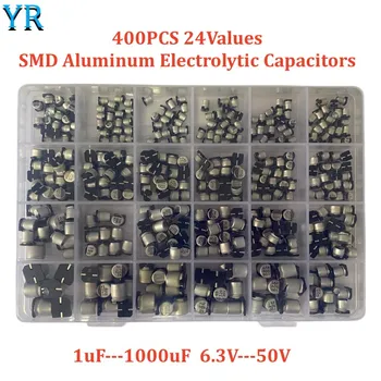 24 value 400ШТ SMD Алуминиеви Електролитни кондензатори В асортимент, комплект SMD 1 icf-1000 uf, 6,3 В-50