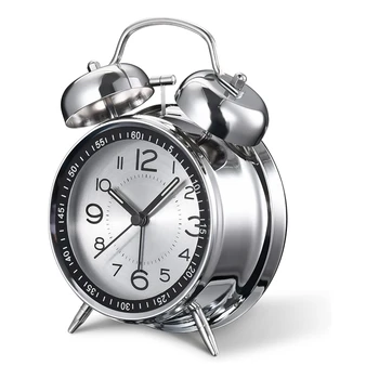 4-Инчов Ретро Силен Alarm Clock, Безшумен, Не Тиктака Кварцов С Осветление, Будилник С Две Звънчета За Нощни Спални-B Многократна Употреба
