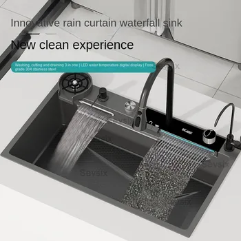 4 мм Вградена кухненска мивка с водопад, технология на пчелна пита, Голям цифров дисплей, кухненска мивка от неръждаема стомана