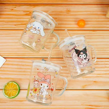 400 мл Слама чаша Sanrio Kuromi Melody Kawaii Аниме Cinnamoroll, термостойкая стъклена чаша за напитки, детска млечна чаша