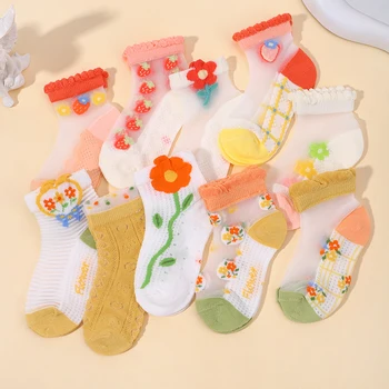 5 Чифта детски чорапи с герои от анимационни филми, сладки бебешки чорапи в едно цвете, за деца от 1 до 3 години, фини мрежести дишащи еластични памучни къси чорапи