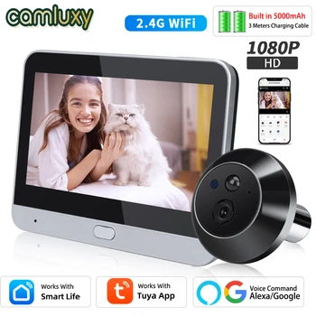 Camluxy Sasha 4.3-инчов 1080P WiFi Око звънчева Камера 120 ° Широкоъгълен Алекса Google Door Eye Viewer Безжичен Звънец на къща