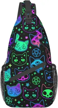 Cartoony Магьоснически Котка, Череп, Неоновите Цветни раница-прашка, чанта през рамо, пътен сандък, Туристическа чанта за възрастни