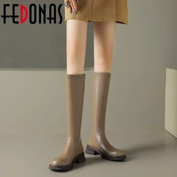 FEDONAS/ Есенно-зимни Дамски ботуши до коляното На дебелите обувки, Дамски обувки от естествена кожа, Базови Офис Женски Тънки Високи ботуши