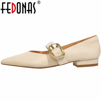 FEDONAS, модни дамски обувки-лодка с каишка и катарама, Дамски обувки от естествена кожа на нисък ток, женски обувки с остър пръсти за зрели офис дама, женски обувки за партита