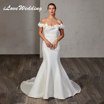 ILoveWedding, елегантни сатенени сватбени рокли на Русалка с 3D цветя за жени 2024, плиссированное на булката рокля с открити рамене, Vestido De Новия