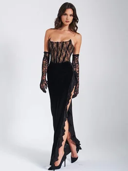 Laxsesu Елегантно бельо Макси рокля без презрамки за жени, мода 2024 г., черно дебнещ без ръкави рокля с отворен гръб за клубната парти, секси дълга рокля