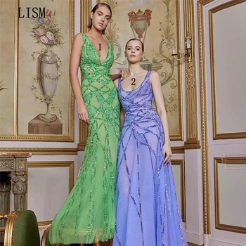 LISM Luxury 2023 Вечерни рокли на спагети презрамки за бала, бродирани с пайети тюлевые рокли за среща на завършилите трапецовидна форма с дължина до пода без ръкави, Vestidos