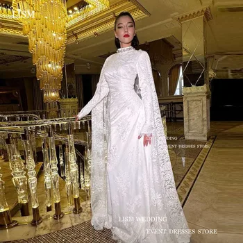 LISM Елегантно Бельо Сватбена рокля на Русалка от Саудитска Арабия С високо деколте и мъниста, с дълги ръкави правотата на гърба, Официални рокли свадебными