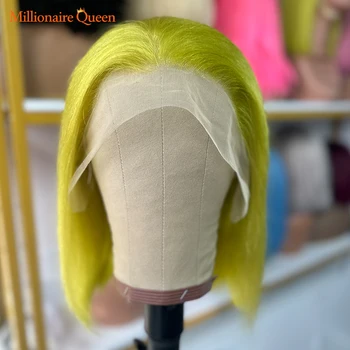 Millionaire Queen; Кратък директен жълто-зелена перука-боб 13x4; Прозрачна Лейси предна част; 100% Перуки от човешка коса, Перуки 180 плътност; Жена