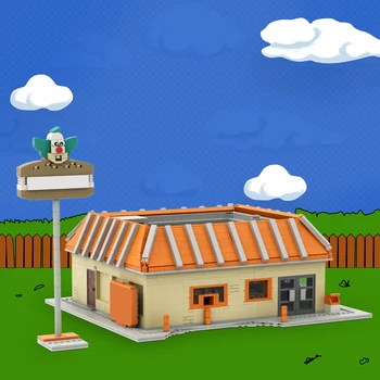 MOC Krusty Бургер ресторант за бързо хранене, градивни елементи, Анимация, Магазин в Хамбург, Гледка към улицата, Тухли, Играчки и подаръци за деца