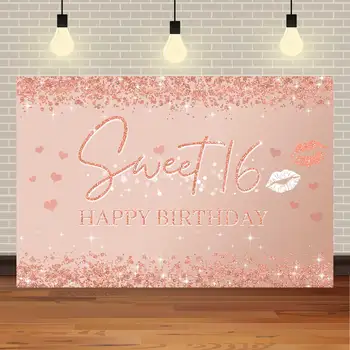 NeoBack Glitter Sweet 16 Happy Birthday Background от розово злато, декор за парти по случай 16-годишнината момичета, Фотофон за студийната фотосесия