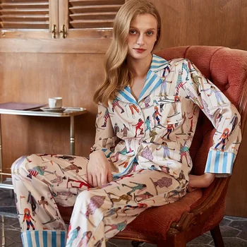 Newlook, модни удобна пижама от коприна лед, женски пролетно-летния домашен костюм с ревера в стил на Sense ins, пролетно-летния домашен костюм с дълги ръкави