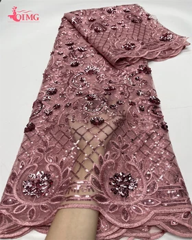 OIMG Розова окото с пайети 2023 Лейси плат с шарени листа за шивашки рокли от африканския френски тюл 5 ярда