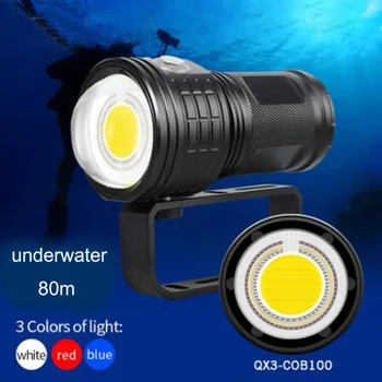 QX3 Подводен 80-метров COB led фенерче за гмуркане, сверхяркий фенерче за гмуркане, scuba IPX8, Водоустойчив фотография, бял Син Червен лампа