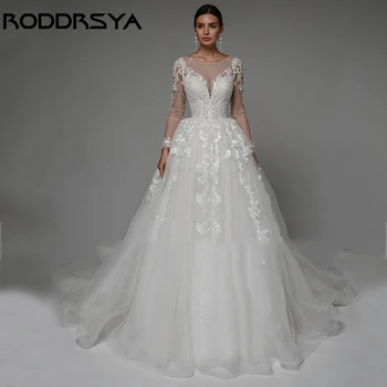 RODDRSYA Романтична сватбена рокля с аппликацией от тюл, Елегантни сватбени рокли трапецовидна форма, с дълъг ръкав, сексуална сватбена рокля от дантела с отворен гръб