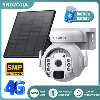 SHIWOJIA 3K 5MP 4G СИМ-Камера Соларен Панел за Сигурност на PTZ Камера за Нощно Виждане PIR Откриване на Човек Наблюдение на Слънчевата Батерия Камера