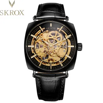 SKROX Луксозни Квадратни Прозрачни мъжки механични часовници самостоятелно ликвидация и виртуален скелет, Реколта златна Обтегач-пеперуда, Каишка от естествена кожа