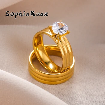 SophiaXuan 2023 Пръстен с дърворезба в стила на дизайн, пръстени от неръждаема стомана златист цвят, подарък-пръстен за двойки в Деня на Свети Валентин за момичета