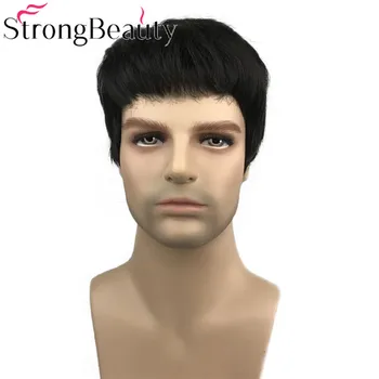 StrongBeauty Къси мъжки перуки с прави коси, черна мъжка перука, синтетичен огнеупорни монолитна перука