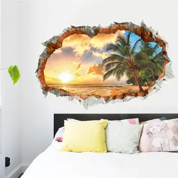 Sunset Seabeach Coconut Wall Art Стикер За Офис, Магазин Хола Спални Домашен интериор 3d Разбито Дупка Природа PVC Стикер