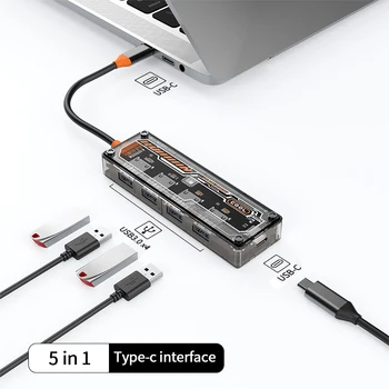 USB-хъб 5 в 1 Type-C Хъб 4-портов USB 3.0 Сплитер Адаптер за преносими КОМПЮТРИ MacBook USB Type-C Адаптер за зареждане Конвертор