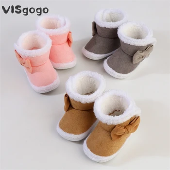 VISgogo/ зимни обувки за новородени момичета, велурени ботуши с лък, топли обувки за първите ходунков, обувки с мека подметка