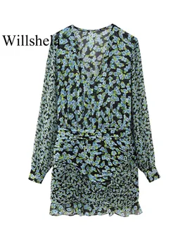 Willshela, женски плиссированное мини-рокля с модерен принтом, реколта рокля с V-образно деколте и дълги ръкави, шикозни дамски рокли