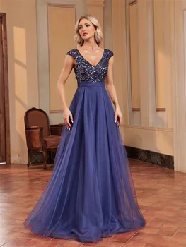 XUIBOL Луксозно шифоновое синьо официална вечерна рокля с V-образно деколте за жени, елегантна вечерна рокля за бала 2024, коктейл без ръкави рокля с пайети на бала нощ