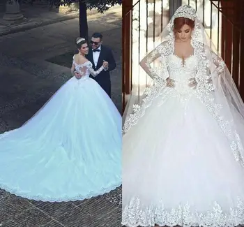 Бална рокля Дантелени сватбени рокли с дълъг ръкав Прозрачен Зимни стил На поръчка Принцеса Сватбена Рокля с високо качество