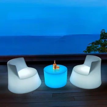 Бар маса и столове с led осветление, Градинска Водоустойчив Комбинирана мебел, Кръгла масичка, двоен Разтегателен диван, табуретка