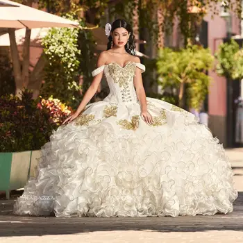 Буйни рокли Charro Quinceanera, Бална рокля с открити рамене, яка от органза, апликации, Мексико сладост, 16 рокли, 15 Anos