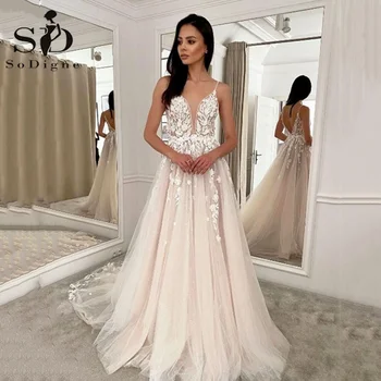Винтажное сватбена рокля SoDigne 2023 на спагети презрамки, с дълбоко V-образно деколте, Дантелено Блестящо Тюлевое Секси Сватбена рокля