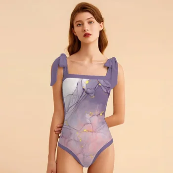 Виолетовият бикини с текстурированным принтом, състояща се от две части, на Площада на шийката на каишка, облекло за басейна на оглавник с висока талия, Секси плажна рокля 2023 г.