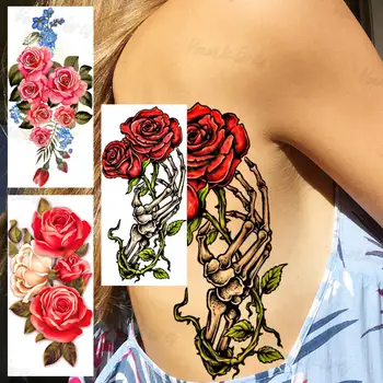 Временни татуировки с цветове от Червена роза За жени и възрастни, реалистичен Череп, кости, цвете фалшива татуировка, стикер, Секси татуировки на гърба и ръцете