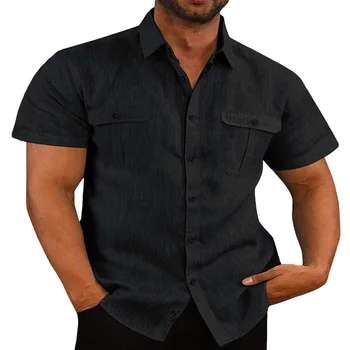 Гореща разпродажба памучни ленено мъжки ризи с къс ръкав, летни едноцветни блузи с висока яка, ежедневни ризи в плажен стил големи размери