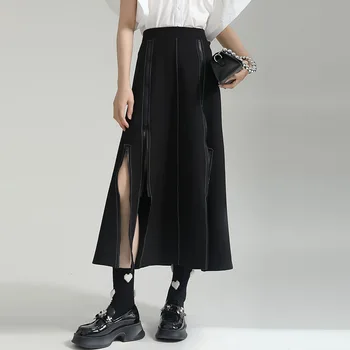 Дамски поли, поли трапецовидна форма, с висока талия, облегающая, Елегантна черна пола със средна дължина Design Sense с цип